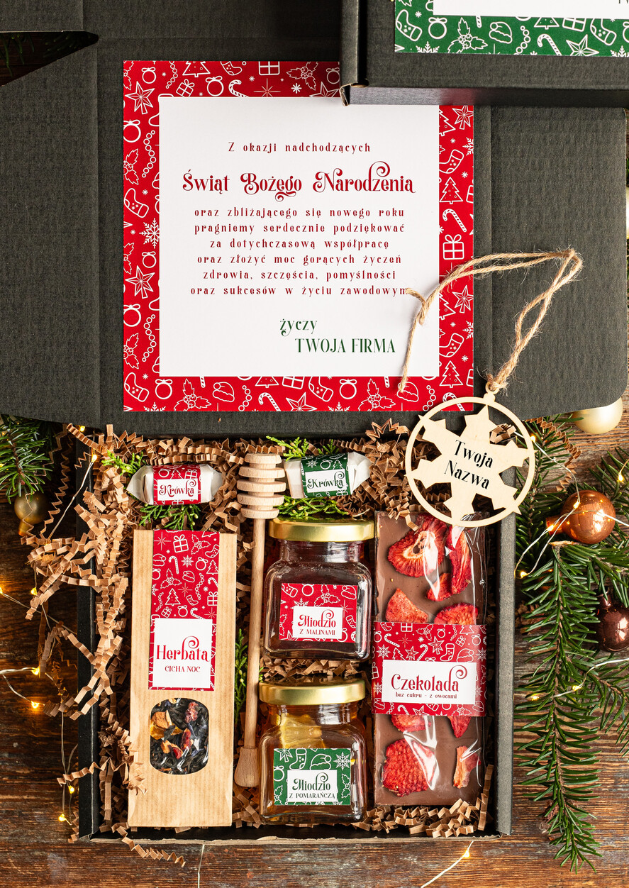 Prezenty oferta dla Firm kawa  herbata miód Prezenty świąteczne dla klientów biznesowych, elegancki prezent z miodem od firm z logo, prezent świąteczny dla pracowników1