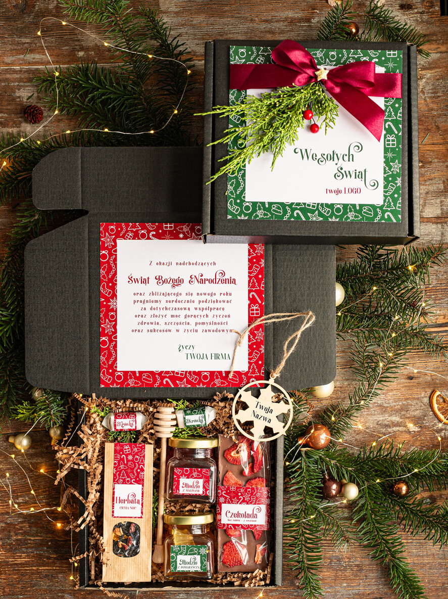 Prezenty oferta dla Firm kawa  herbata miód Prezenty świąteczne dla klientów biznesowych, elegancki prezent z miodem od firm z logo, prezent świąteczny dla pracowników0
