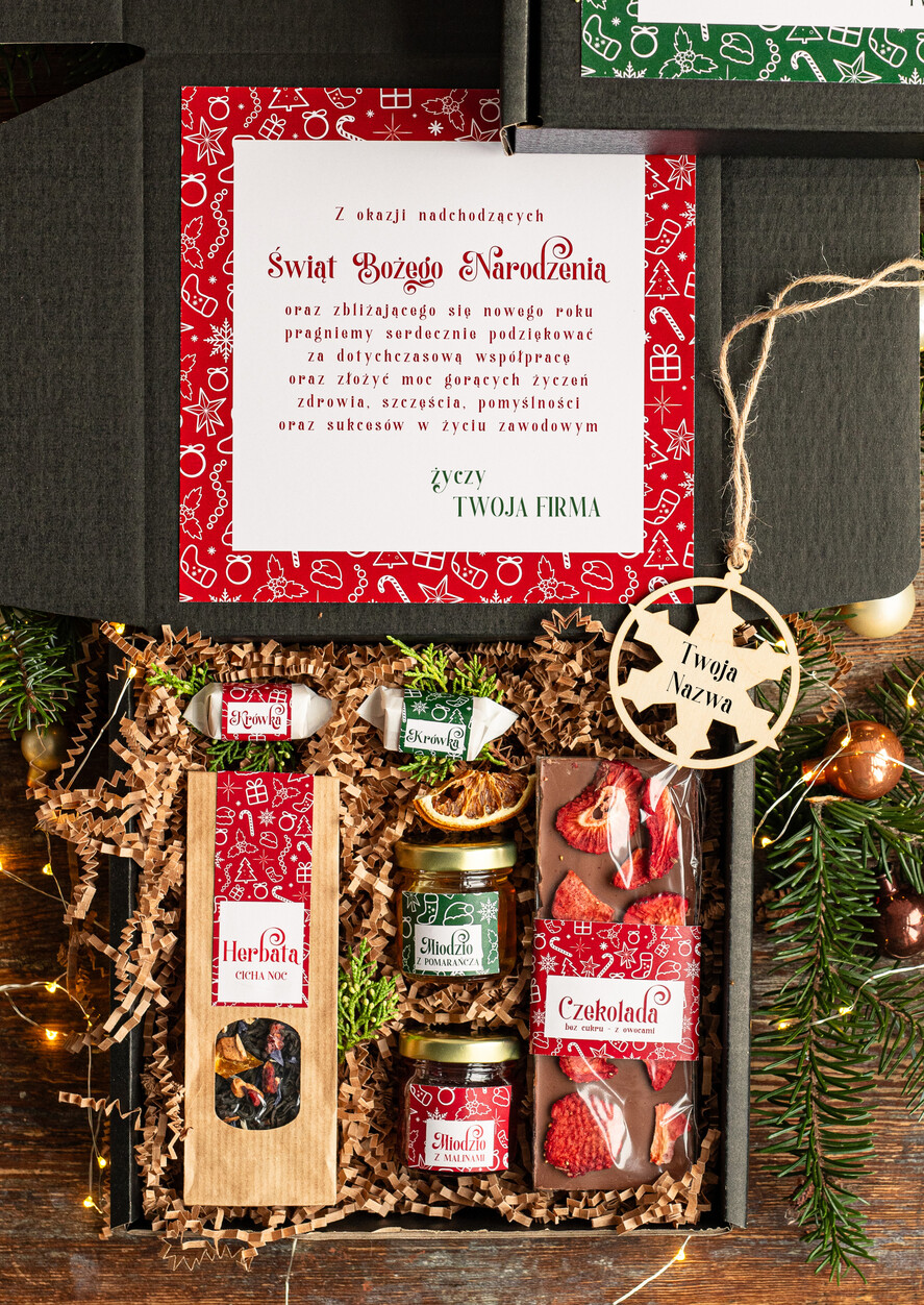 Prezenty oferta dla Firm kawa  herbata miód Prezenty świąteczne dla klientów biznesowych, elegancki prezent z miodem od firm z logo, prezent świąteczny dla pracowników1