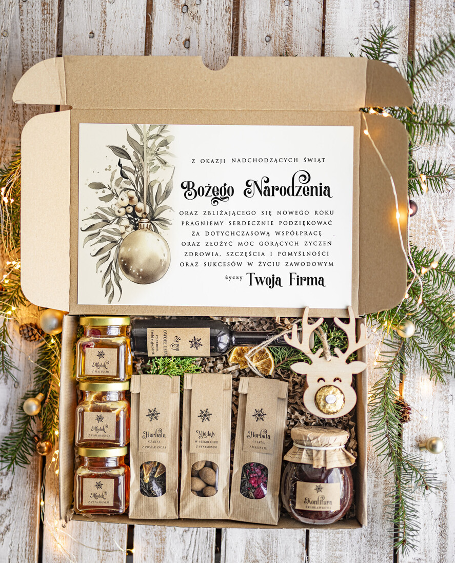 Prezenty oferta dla Firm kawa  herbata miód Prezenty na Boże Narodzenie dla klientów, bożonarodzeniowy prezent biznesowy dla firm z miodami i  herbatą, paczki na święta dla pracowników, upominek biznesowy box swiąteczny zestaw z logo 0
