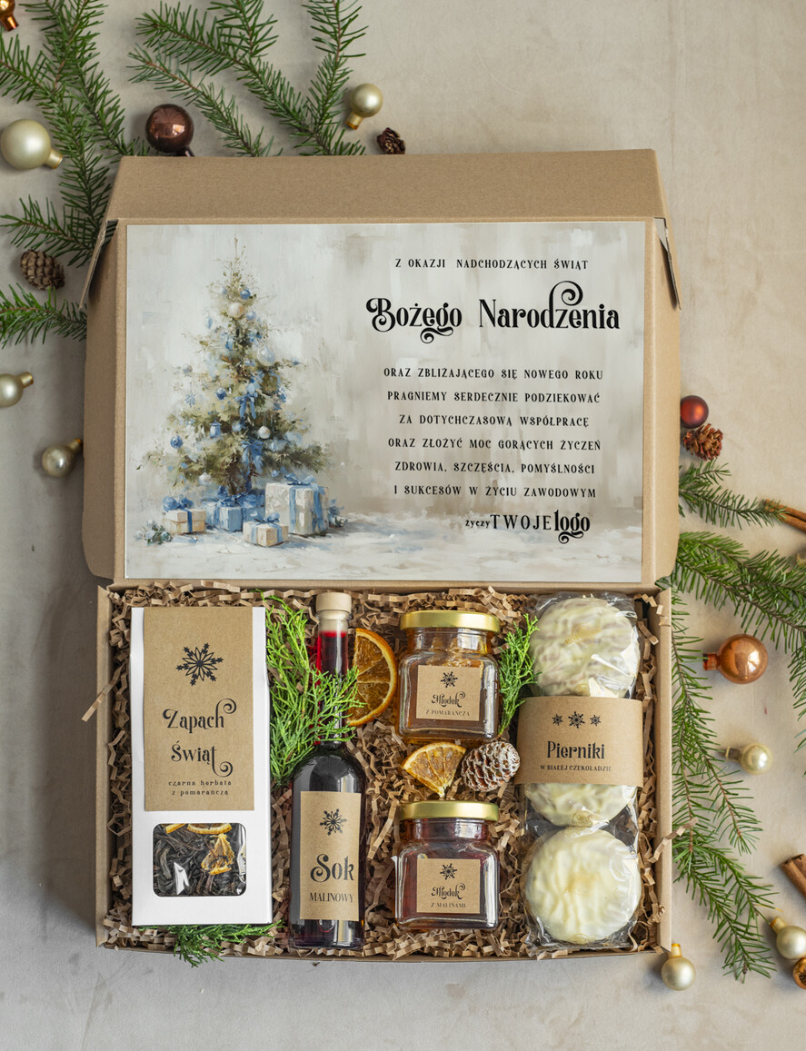 Prezenty oferta dla Firm kawa  herbata miód Prezenty dla klientów z logo firmy , prezenty biznesowe dla firm z pieniczkami, kosze boxy prezentowe1