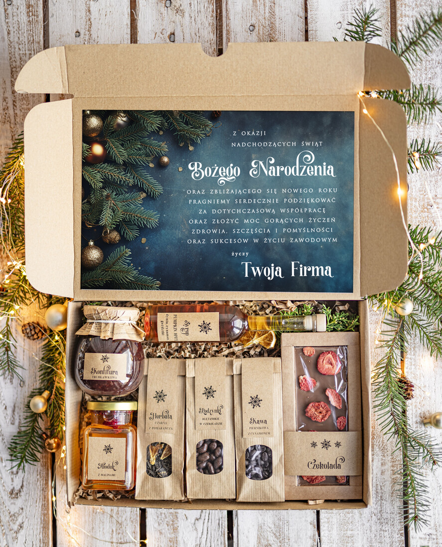 Prezenty oferta dla Firm kawa  herbata miód Prezenty na Boże Narodzenie dla klientów, bożonarodzeniowy prezent biznesowy dla firm z kawą  i  herbatą, paczki na święta dla pracowników, upominek biznesowy box swiąteczny zestaw z logo 0
