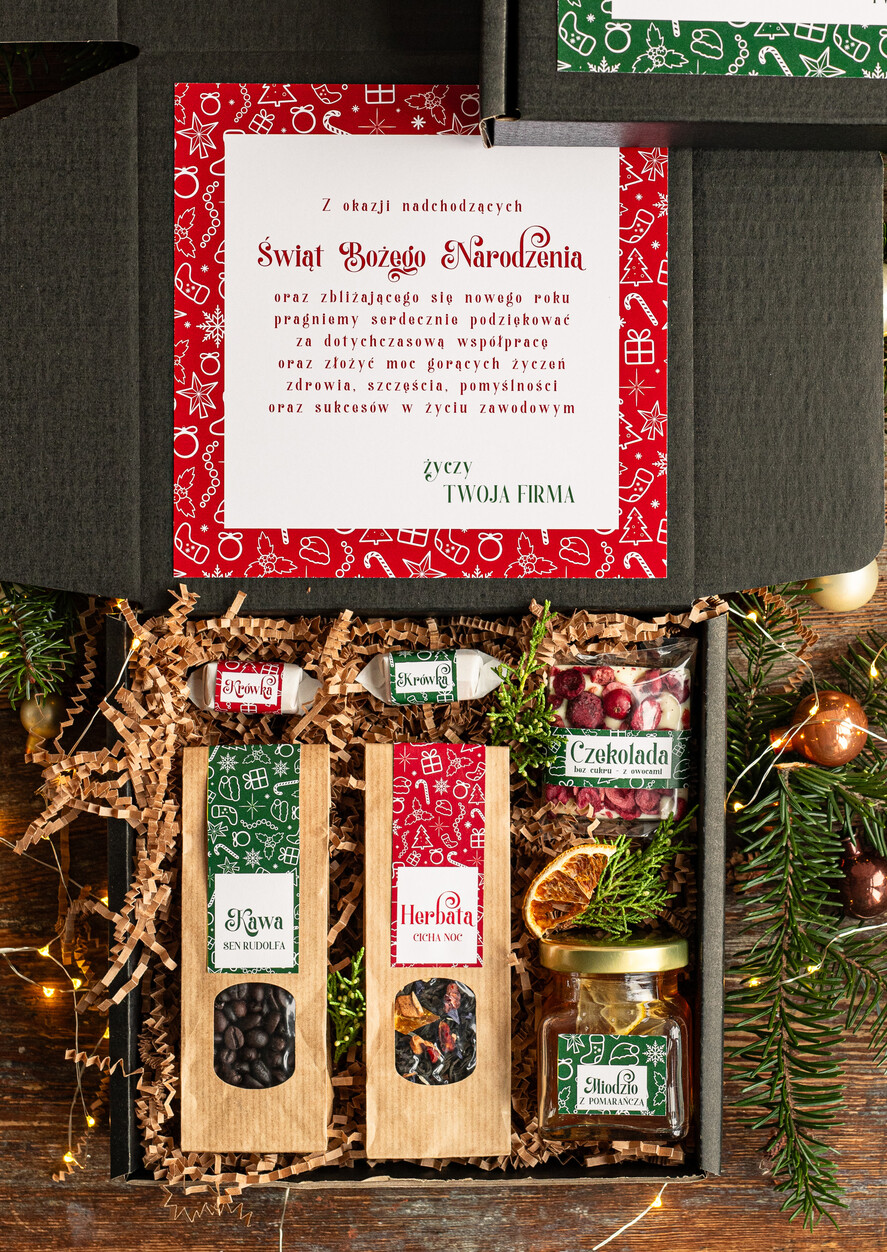 Prezenty oferta dla Firm kawa  herbata miód Prezenty świąteczne dla klientów biznesowych, elegancki prezent z miodem od firm z logo, prezent świąteczny dla pracowników1