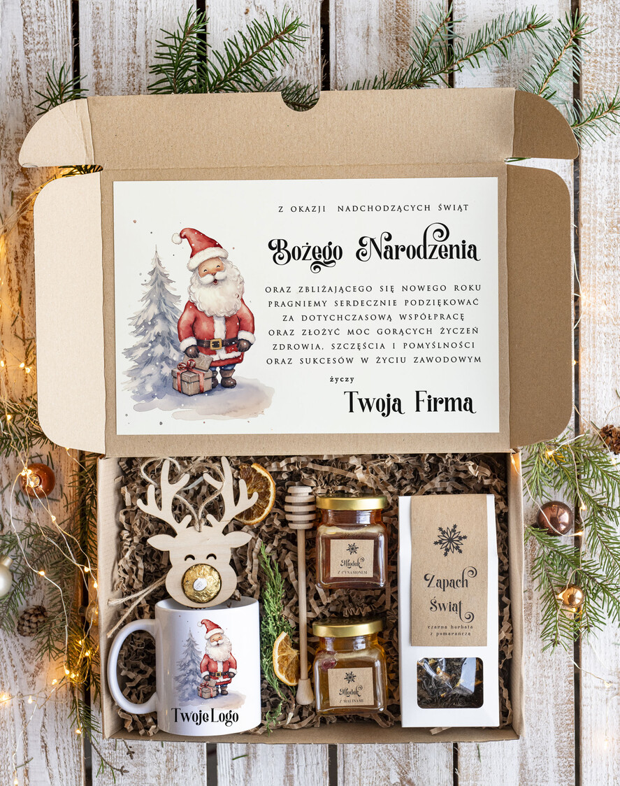Prezenty oferta dla Firm kawa  herbata miód Prezenty świąteczne dla klientów biznesowych z kubkiem, eleganckie prezenty bożonarodzeniowe z miodami od firm z logo, prezent świąteczny dla pracowników0