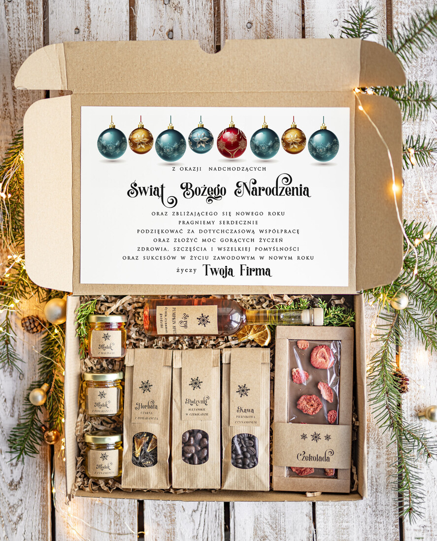 Prezenty oferta dla Firm kawa  herbata miód Prezenty na Boże Narodzenie dla klientów, bożonarodzeniowy prezent biznesowy dla firm z kawą  i  herbatą, paczki na święta dla pracowników, upominek biznesowy box swiąteczny zestaw z logo 0
