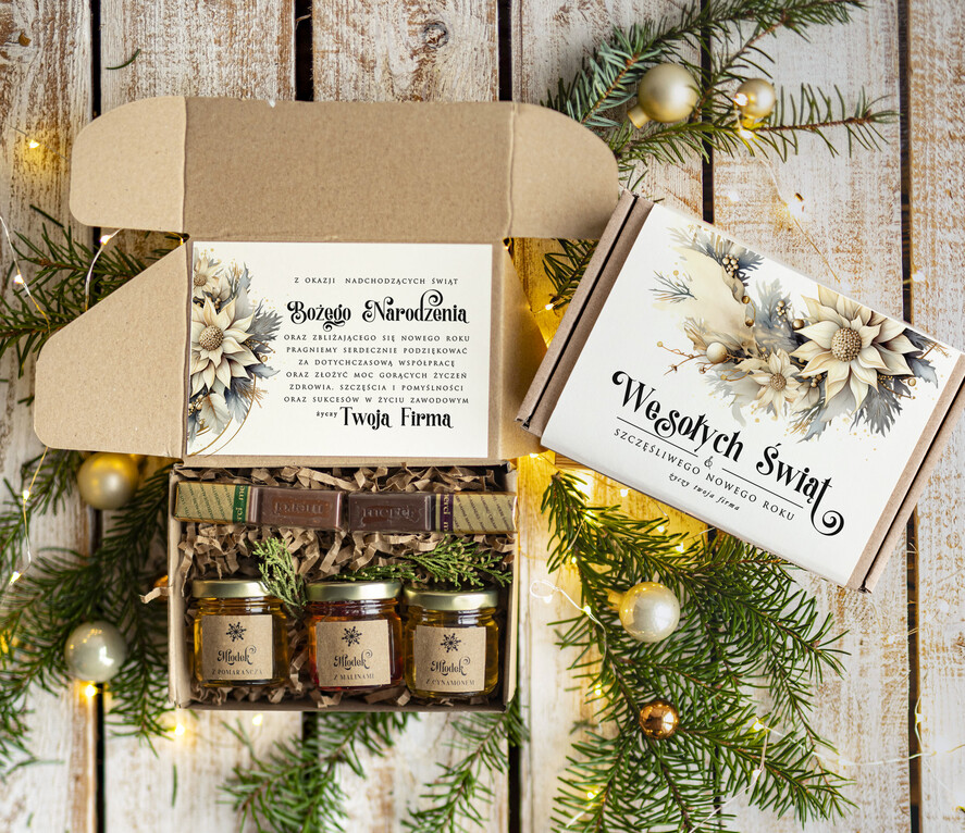 Prezenty oferta dla Firm kawa  herbata miód Drobne Prezenty na Boże Narodzenie dla klientów, bożonarodzeniowy prezent biznesowy dla firm herbata i miód, paczki na święta dla pracowników, upominek biznesowy box swiąteczny zestaw z logo 0