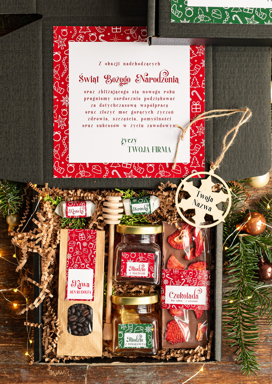 Prezenty oferta dla Firm kawa  herbata miód Prezenty świąteczne dla klientów biznesowych, elegancki prezent z miodem od firm z logo, prezent świąteczny dla pracowników1
