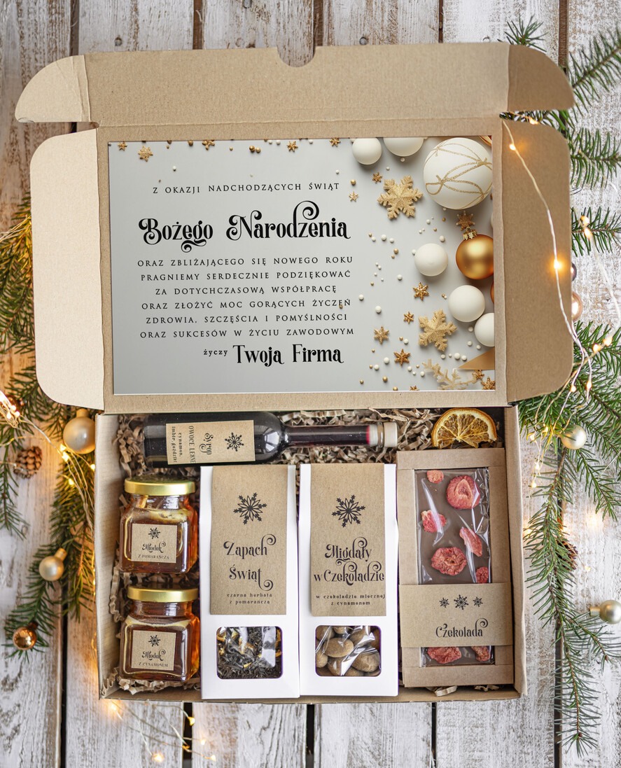 Prezenty oferta dla Firm kawa  herbata miód Prezenty na Boże Narodzenie dla klientów, bożonarodzeniowy prezent biznesowy dla firm herbata i miód, paczki na święta dla pracowników, upominek biznesowy box swiąteczny zestaw z logo 0