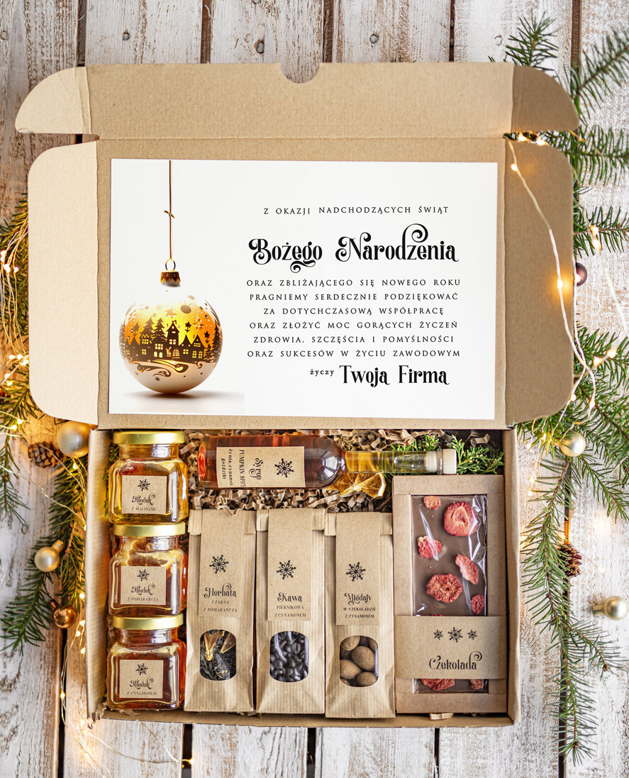 Prezenty oferta dla Firm kawa  herbata miód Prezenty na Boże Narodzenie dla klientów, bożonarodzeniowy prezent biznesowy dla firm herbata i miód, paczki na święta dla pracowników, upominek biznesowy box swiąteczny zestaw z logo 0