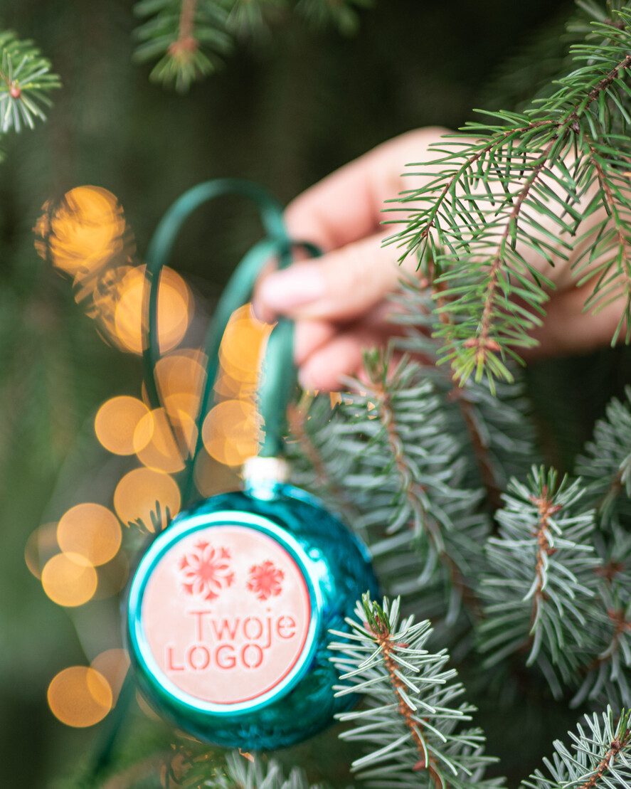 Prezenty oferta dla Firm drobne prezenty dla firm Prezent Biznesowy Na Święta z Logo Ekskluzywna Bombka z logo na choinkę z Logo Firmy , firmowa bombka choinkowa z logo turkusowa2