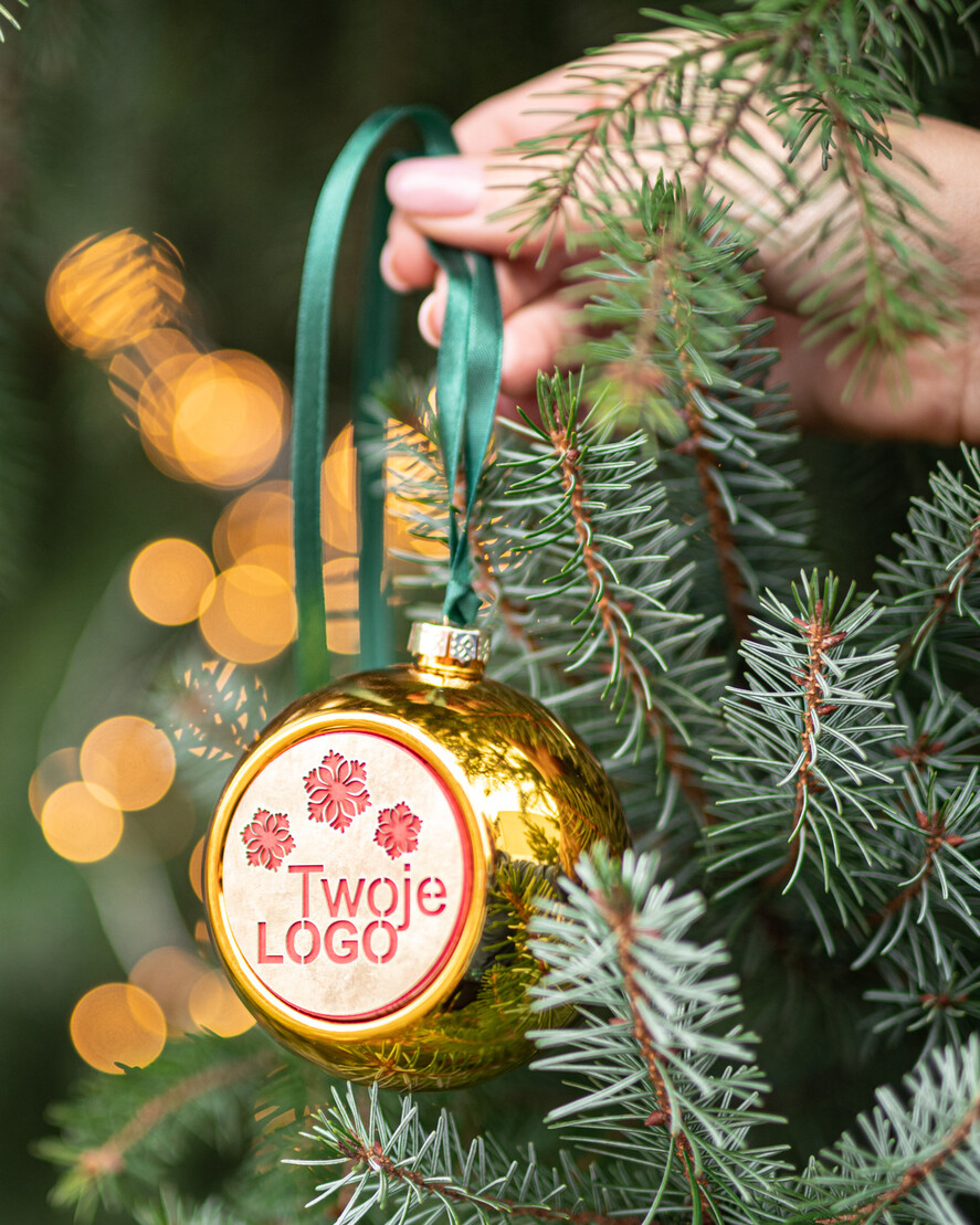 Prezenty oferta dla Firm drobne prezenty dla firm Prezent Biznesowy Na Święta z Logo Ekskluzywna Bombka z logo na choinkę z Logo Firmy , życzenia zapakowane w  drewniane pudełko 3