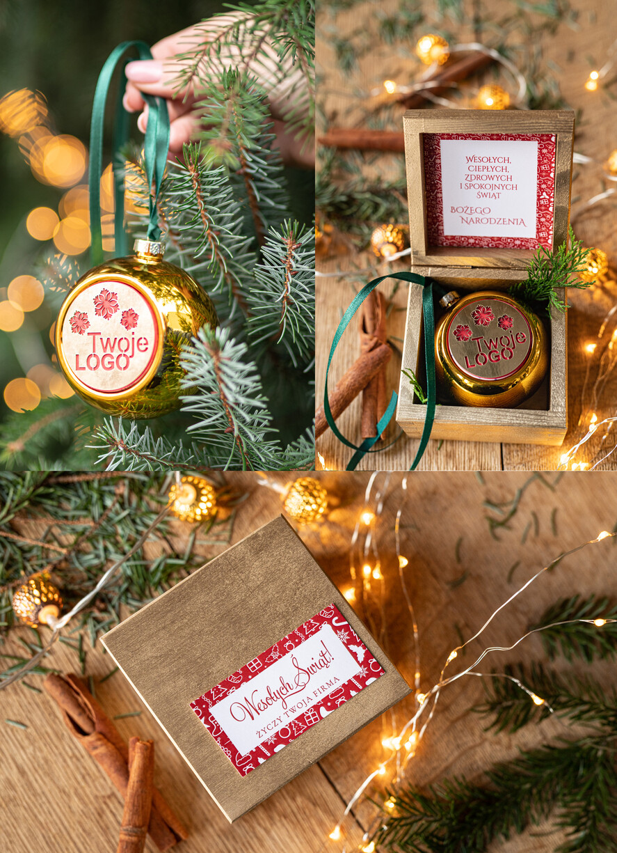 Prezenty oferta dla Firm drobne prezenty dla firm Prezent Biznesowy Na Święta z Logo Ekskluzywna Bombka z logo na choinkę z Logo Firmy, życzenia zapakowane w  drewniane pudełko 0