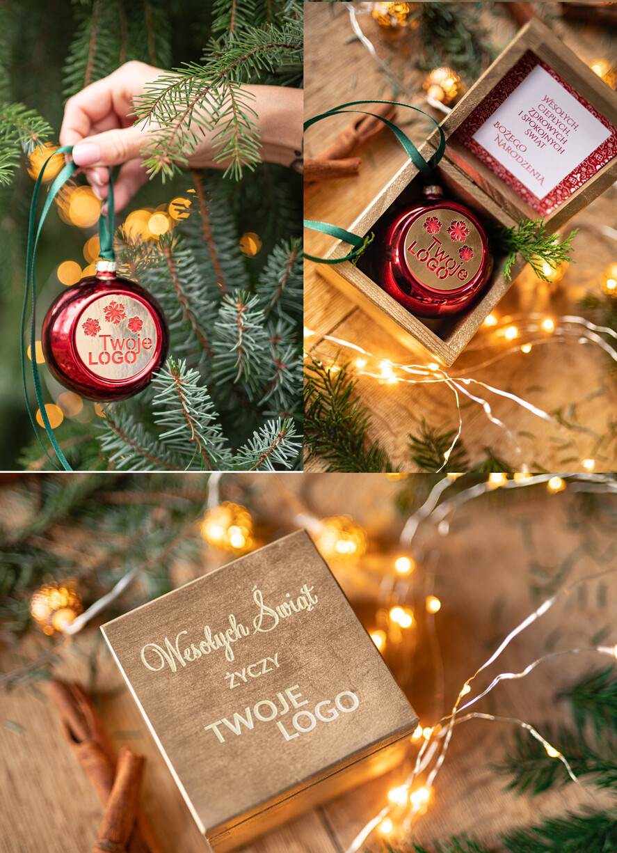 Prezenty oferta dla Firm drobne prezenty dla firm Prezent Biznesowy Na Święta z Logo Ekskluzywna Bombka z logo na choinkę z Logo Firmy , życzenia zapakowane w  drewniane pudełko 0