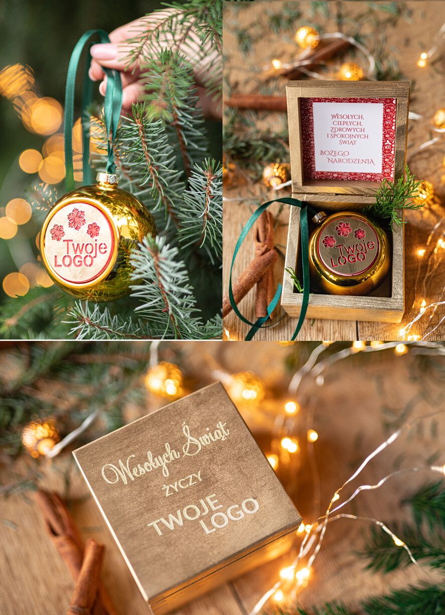 Prezenty oferta dla Firm drobne prezenty dla firm Prezent Biznesowy Na Święta z Logo Ekskluzywna Bombka z logo na choinkę z Logo Firmy , życzenia zapakowane w  drewniane pudełko 0