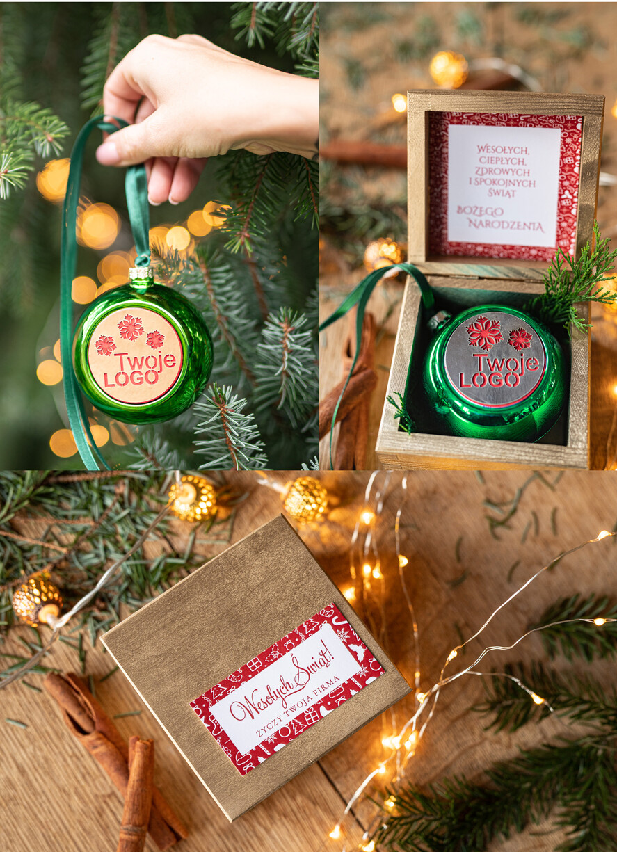 Prezenty oferta dla Firm drobne prezenty dla firm Prezent Biznesowy Na Święta z Logo Ekskluzywna Bombka z logo na choinkę z Logo Firmy , życzenia zapakowane w  drewniane pudełko 0