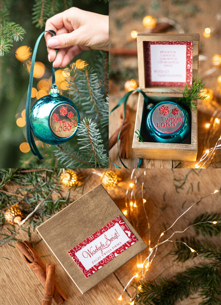 Prezenty oferta dla Firm drobne prezenty dla firm Prezent Biznesowy Na Święta z Logo Ekskluzywna Bombka z logo na choinkę z Logo Firmy , życzenia zapakowane w  drewniane pudełko 0