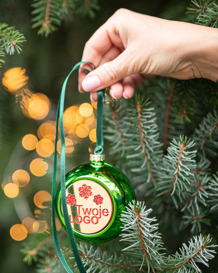 Prezenty oferta dla Firm drobne prezenty dla firm Prezent Biznesowy Na Święta z Logo Ekskluzywna Bombka z logo na choinkę z Logo Firmy , życzenia zapakowane w  drewniane pudełko 8