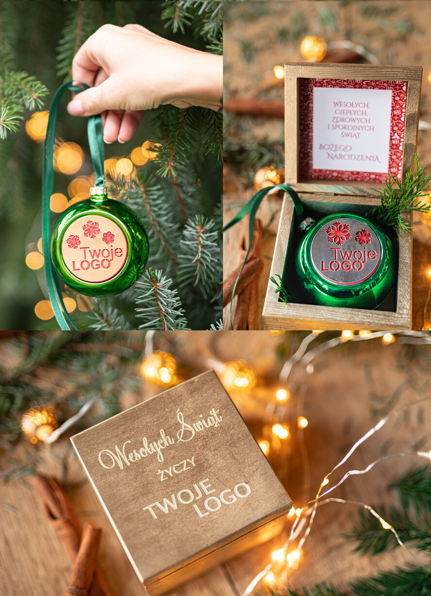 Prezenty oferta dla Firm drobne prezenty dla firm Prezent Biznesowy Na Święta z Logo Ekskluzywna Bombka z logo na choinkę z Logo Firmy , życzenia zapakowane w  drewniane pudełko 0