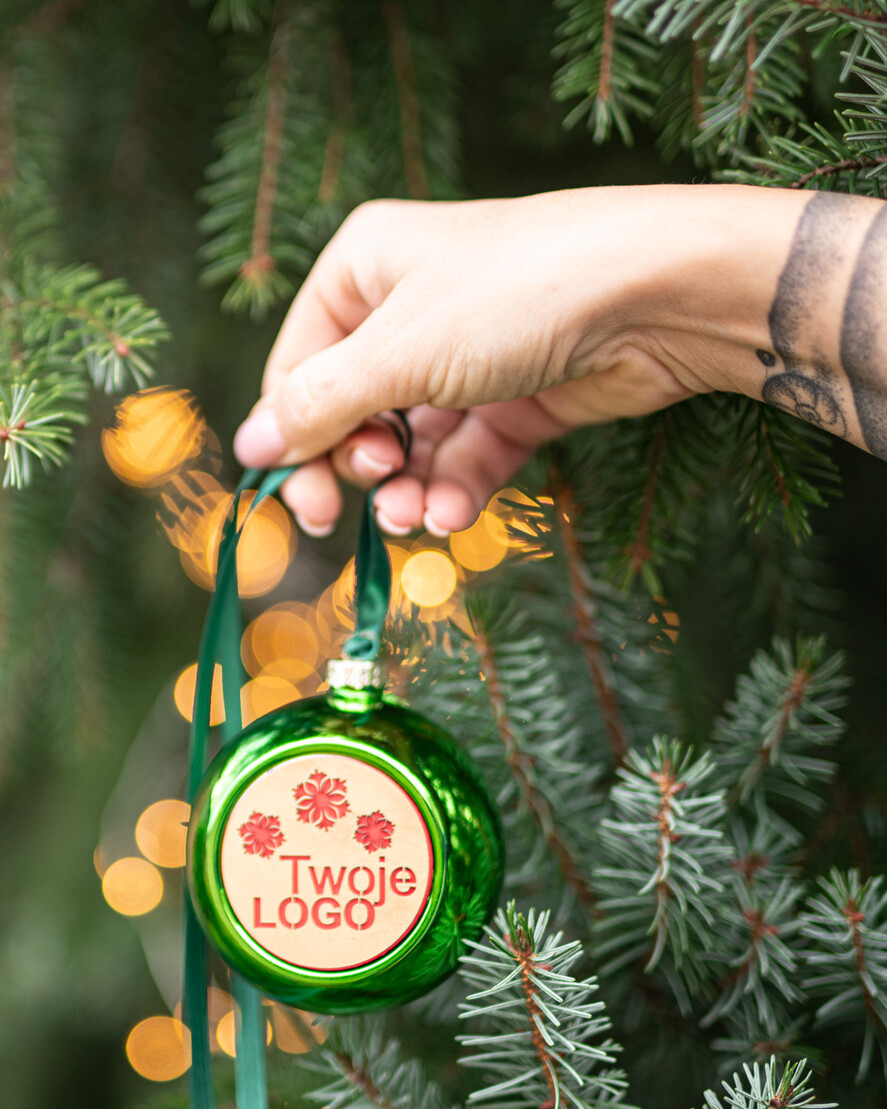 Prezenty oferta dla Firm drobne prezenty dla firm Prezent Biznesowy Na Święta z Logo Ekskluzywna Bombka z logo na choinkę z Logo Firmy, zielona bombka choinkowa z logo0