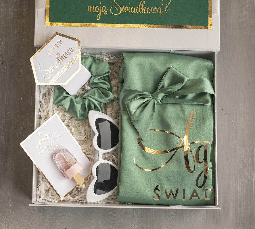 Prezenty dla świadków boxy prezentowe dla Świadkowej, prośba o świadkowanie  prezent dla świadkowej, pomysł na prezent dla świadkowej, Box prezentowy dla świadkowej z miętowym szlafrokiem, zestaw prezentowy dla druhny2