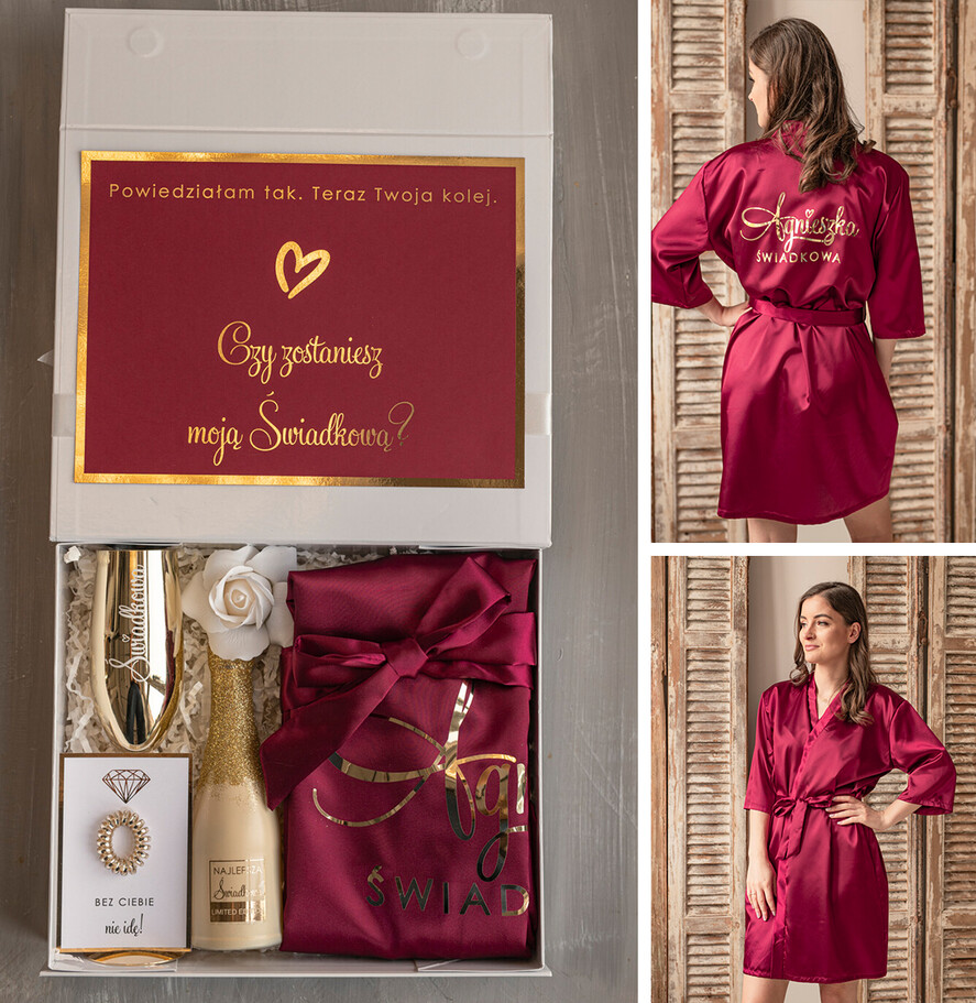 Prezenty dla świadków boxy prezentowe dla Świadkowej, prośba o świadkowanie  czy zostaniesz moją świadkową pomysł na prezent dla świadkowej, Box prezentowy dla świadkowej z bordowym szlafrokiem, zestaw prezentowy dla druhny0
