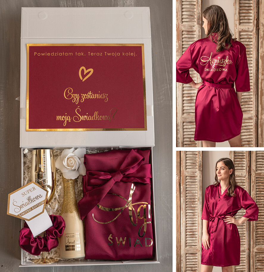 Prezenty dla świadków boxy prezentowe dla Świadkowej, prośba o świadkowanie  czy zostaniesz moją świadkową pomysł na prezent dla świadkowej, Box prezentowy dla świadkowej z bordowym szlafrokiem, zestaw prezentowy dla druhny0