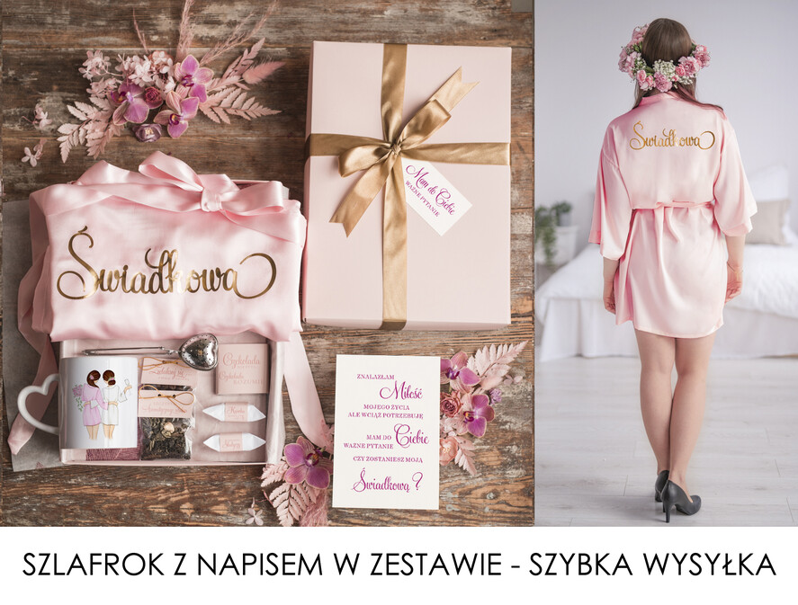 Prezenty dla świadków boxy prezentowe dla Świadkowej, prośba o świadkowanie  Szlafrok dla Świadkowej ze złotym Napisem - Prośba o Świadkowanie Kubek Serduszko i zaparzacz10