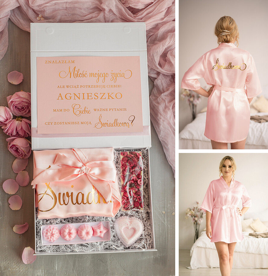 Prezenty dla świadków boxy prezentowe dla Świadkowej, prośba o świadkowanie  Szlafrok Dla Świadkowej Ze Złotym Napisem - Prośba o Świadkowanie Box Prezentowy, prezent dla świadkowej w białym pudełku, Imię świadkowej na pudełku 0