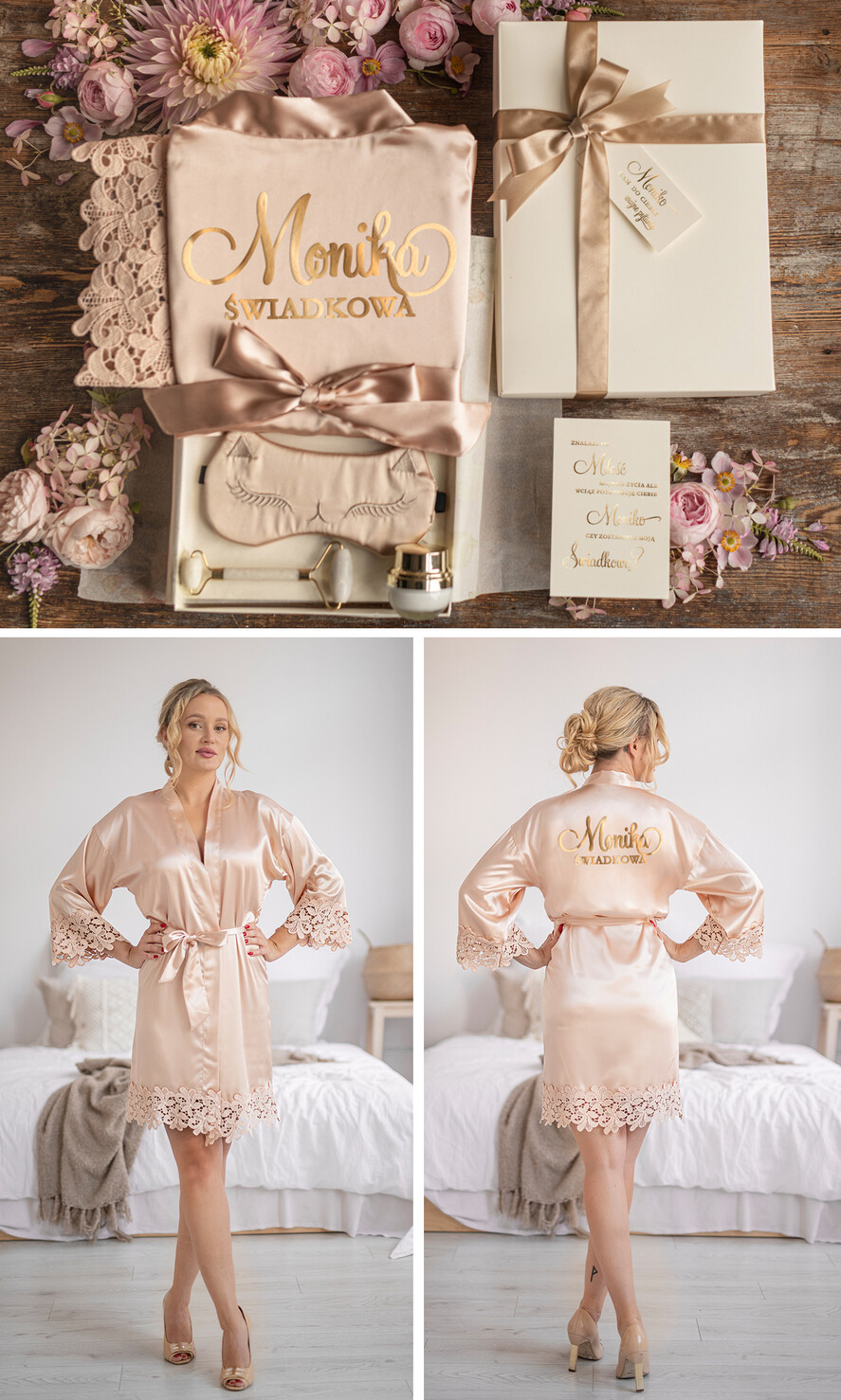 Prezenty dla świadków boxy prezentowe dla Świadkowej, prośba o świadkowanie  box prezentowy dla druhny satynowa podomka z koronką elegancki w pięknym beżowym kolorze 4