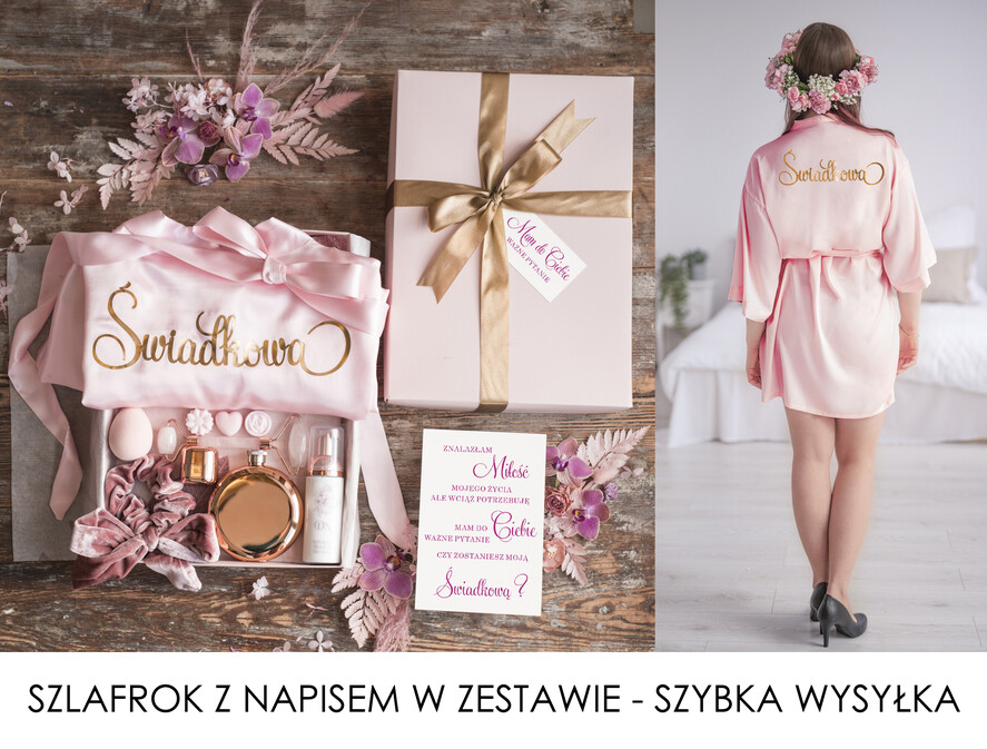 Prezenty dla świadków boxy prezentowe dla Świadkowej, prośba o świadkowanie  Szlafrok dla Świadkowej ze złotym Napisem - Prośba o Świadkowanie Roller i Damska Piersiówka0
