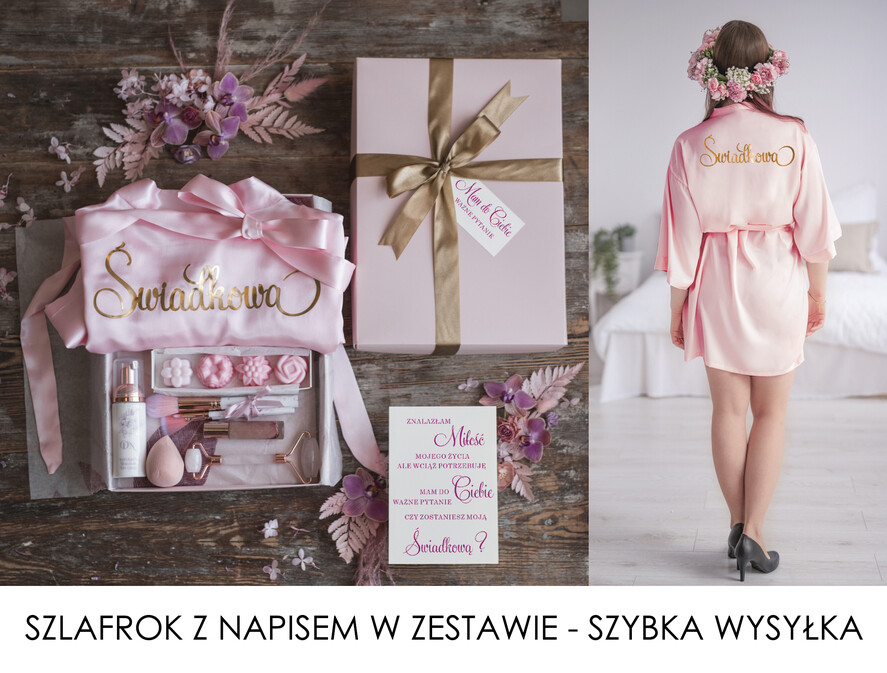 Prezenty dla świadków boxy prezentowe dla Świadkowej, prośba o świadkowanie  Szlafrok dla Świadkowej ze złotym Napisem - Prośba o Świadkowanie Box prezentowy 0