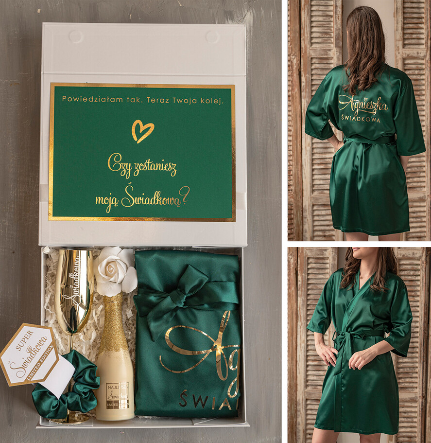 Prezenty dla świadków boxy prezentowy dla Świadkowej, prośba o świadkowanie  szlafrok z napisem świadkowa, czy zostaniesz moją świadkową, Box prezentowy dla świadkowej ze złotym kieliszkiem, zestaw prezentowy dla druhny0
