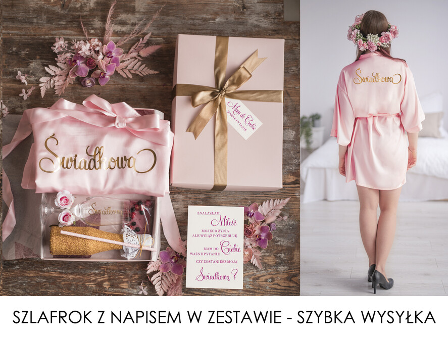 Prezenty dla świadków boxy prezentowe dla Świadkowej, prośba o świadkowanie  Szlafrok dla Świadkowej ze złotym Napisem - Prośba o Świadkowanie brokatowy szampanek i kieliszek0