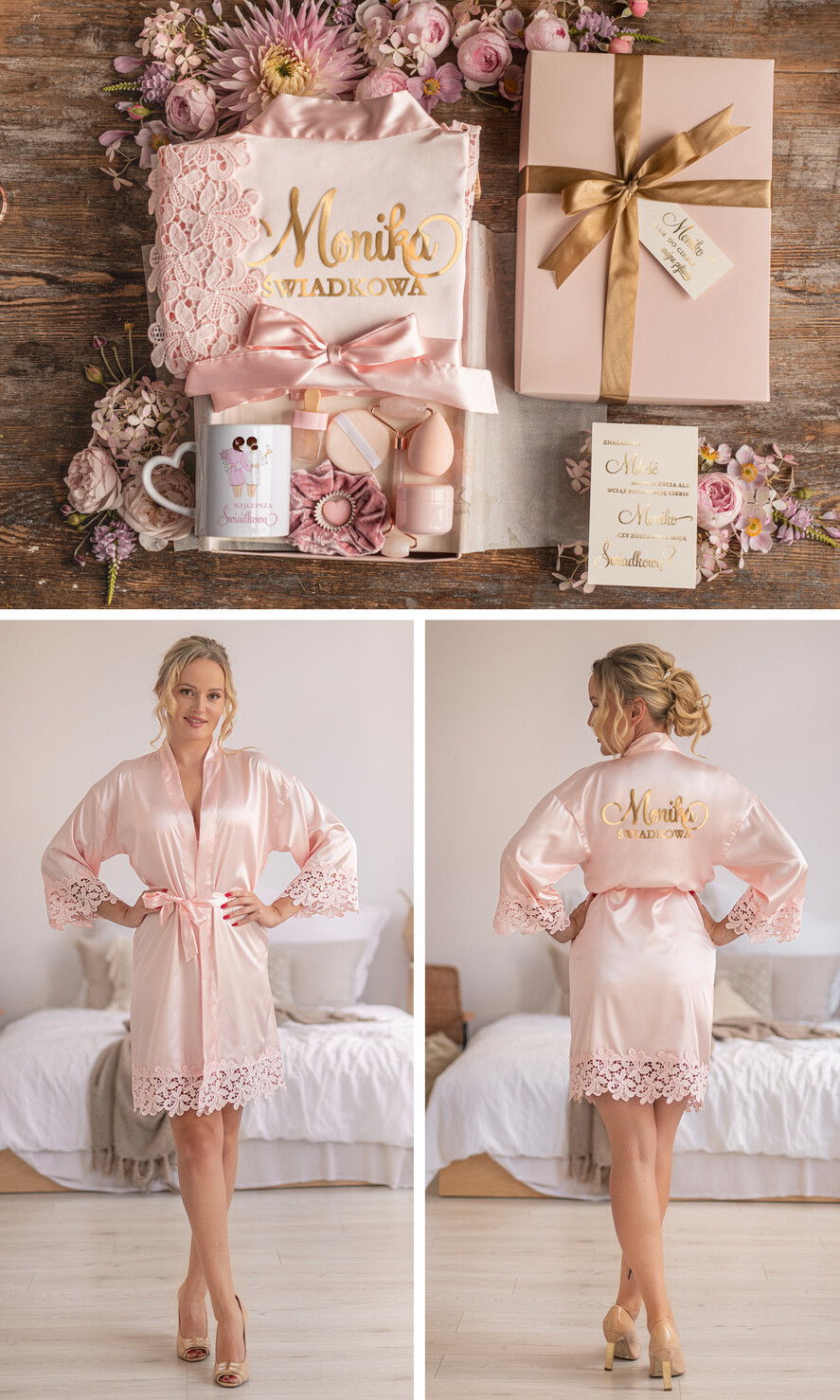 Prezenty dla świadków boxy prezentowe dla Świadkowej, prośba o świadkowanie  różowy satynowy szlafrok z koronką pomysł na prośbę o świadkowanie4