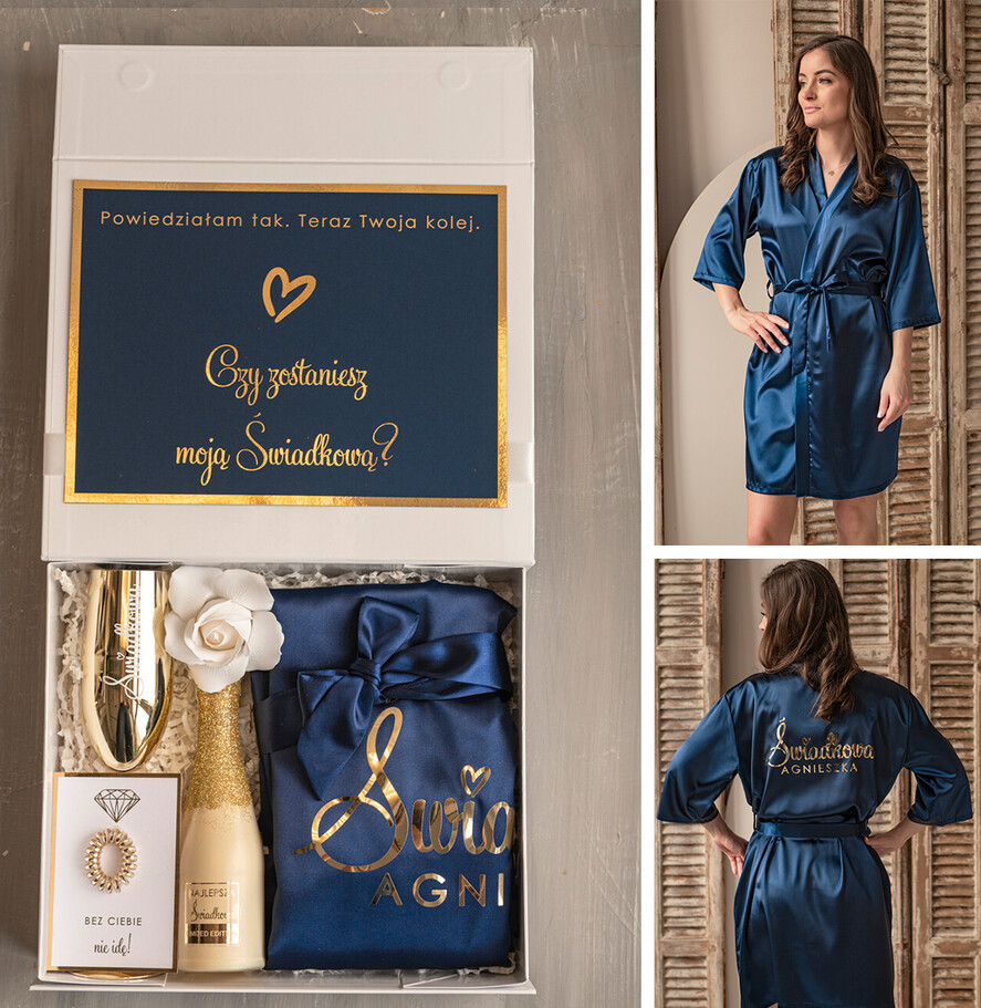Prezenty dla świadków boxy prezentowy dla Świadkowej, prośba o świadkowanie  czy zostaniesz moją świadkową pomysł na prezent dla świadkowej, Box prezentowy dla świadkowej z granatowym szlafrokiem, zestaw prezentowy dla druhny0