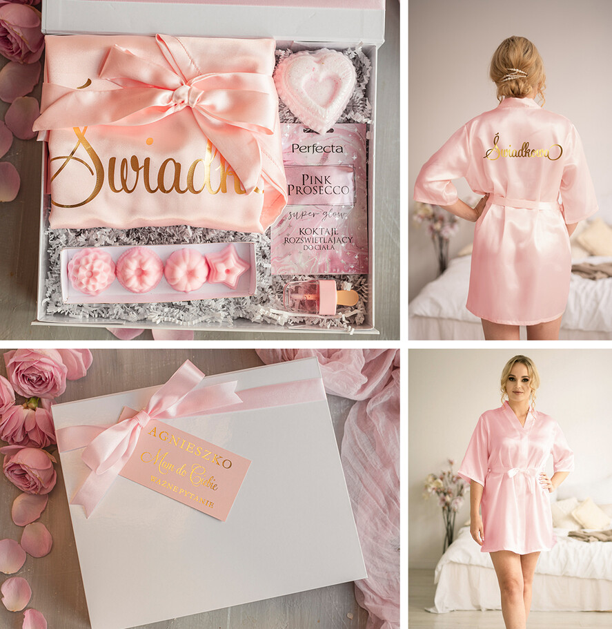 Prezenty dla świadków boxy prezentowe dla Świadkowej, prośba o świadkowanie  czy zostaniesz moją świadkową pomysł na prezent dla świadkowej, Box prezentowy dla świadkowej z różowym szlafrokiem, prezent dla świadkowej lub druhny0