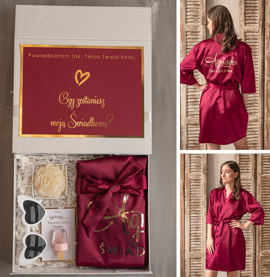 Prezenty dla świadków boxy prezentowy dla Świadkowej, prośba o świadkowanie  prezent dla świadkowej szlafrok z napisem świadkowa, pomysł na prezent dla świadkowej, Box prezentowy dla świadkowej z bordowym szlafrokiem0