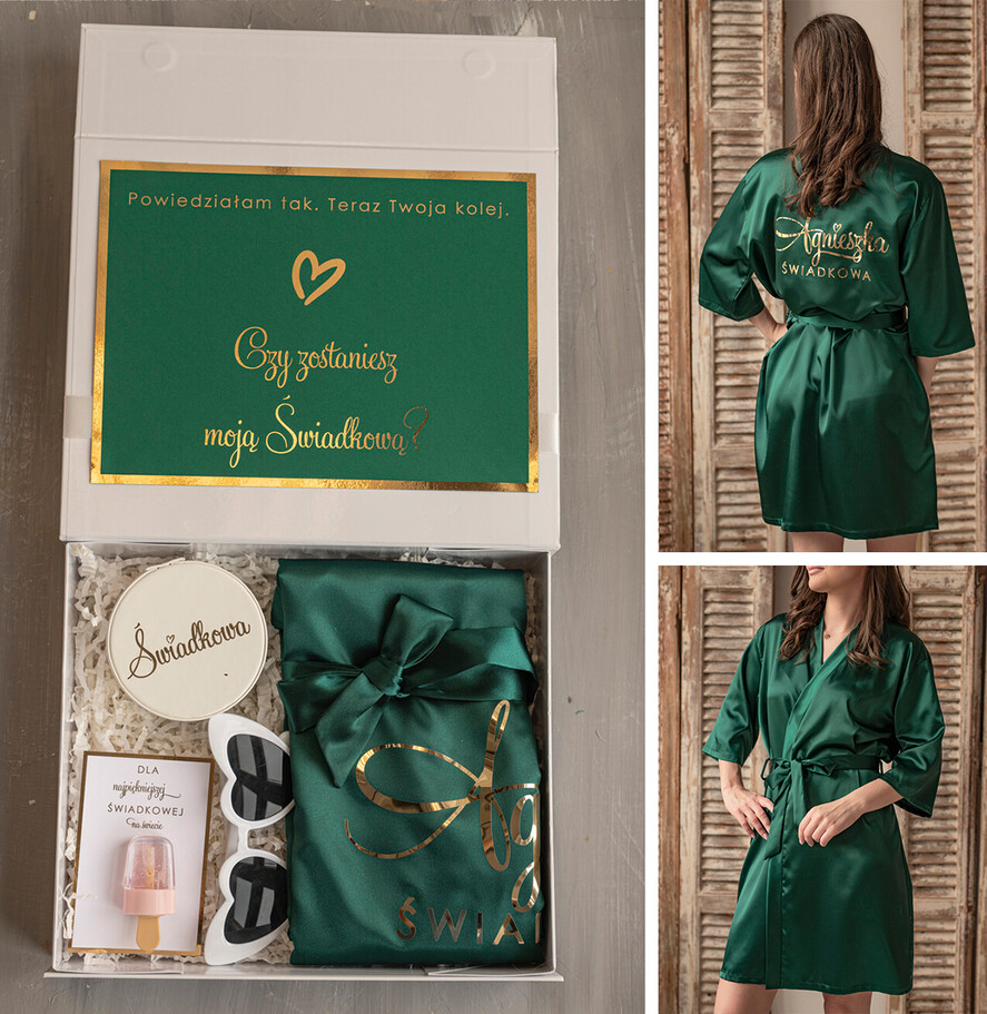 Prezenty dla świadków boxy prezentowy dla Świadkowej, prośba o świadkowanie  prezent dla świadkowej, pomysł na prezent dla świadkowej, Box prezentowy dla świadkowej z zielonym szlafrokiem, zestaw prezentowy dla druhny0