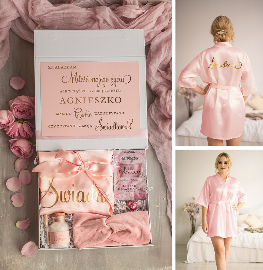 Prezenty dla świadków boxy prezentowe dla Świadkowej, prośba o świadkowanie  czy zostaniesz moją świadkową pomysł na prezent dla świadkowej, Box prezentowy dla świadkowej z kosmetykami i szlafrokiem, prezent dla druhny0