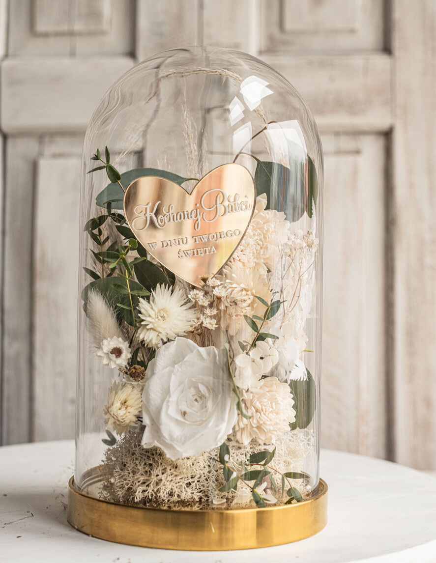 Prezenty dla Babci i Dziadka Prezenty dla Babci Upominek dla Dziadków flowerbox , prezent dla babci zielono biały naturalny flowerbox szklana kopuła z kwiatami, suszone kwiaty w szkle, wieczna róza biała 1
