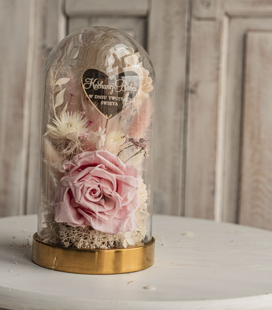 Prezenty dla Babci i Dziadka Prezenty dla Babci Prezent dla Babci flowerbox, podziekowanie dla babci różowo biały naturalny flowerbox szklana kopuła z kwiatami, suszone kwiaty w szkle, różowa wieczna róza, kwiaty w szkle 4