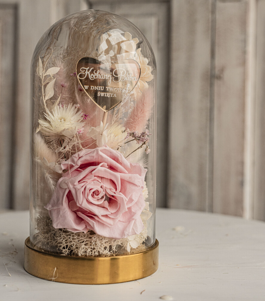 Prezenty dla Babci i Dziadka Prezenty dla Babci Prezent dla Babci flowerbox, podziekowanie dla babci różowo biały naturalny flowerbox szklana kopuła z kwiatami, suszone kwiaty w szkle, różowa wieczna róza, kwiaty w szkle 2