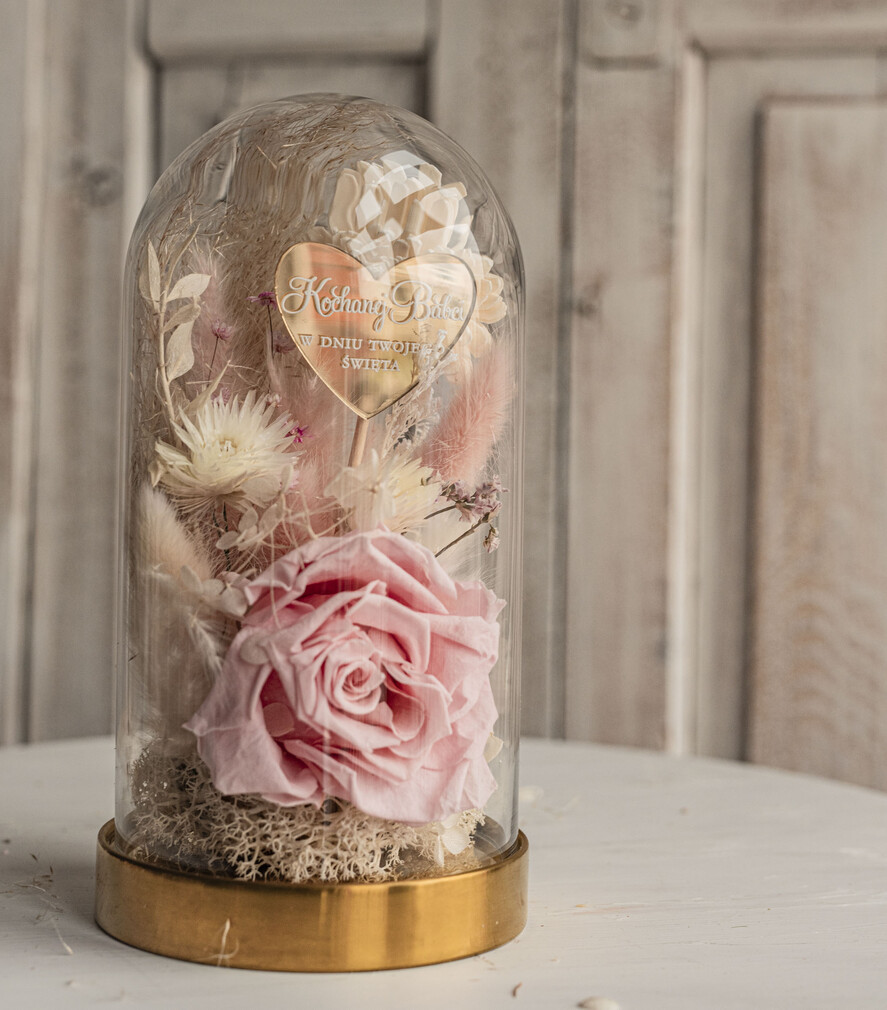 Prezenty dla Babci i Dziadka Prezenty dla Babci Prezent dla Babci flowerbox, podziekowanie dla babci różowo biały naturalny flowerbox szklana kopuła z kwiatami, suszone kwiaty w szkle, różowa wieczna róza, kwiaty w szkle 0