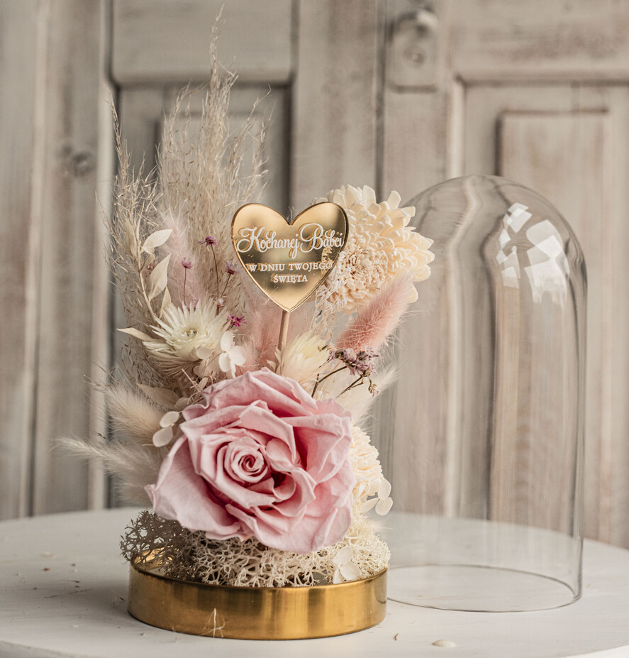 Prezenty dla Babci i Dziadka Prezenty dla Babci Prezent dla Babci flowerbox, podziekowanie dla babci różowo biały naturalny flowerbox szklana kopuła z kwiatami, suszone kwiaty w szkle, różowa wieczna róza, kwiaty w szkle 3