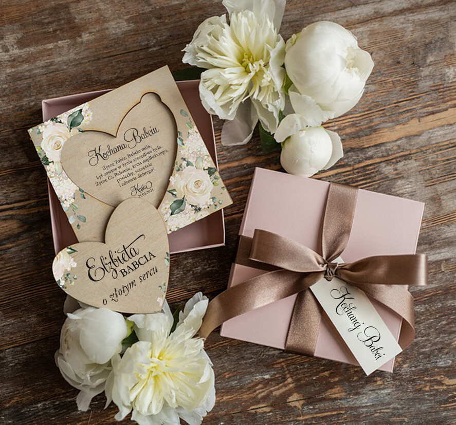 Prezenty dla Babci i Dziadka Prezenty dla Babci Drewniana Kartka z życzeniami na Dzień Babci, Kartka dla Babci w pudełku0