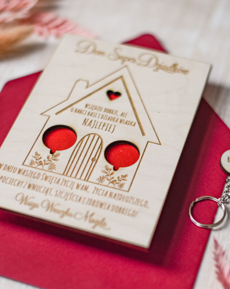 Prezenty dla Babci i Dziadka Zestawy Pezentowe Dla Dziadków  Pomysł na prezent dla Babci i Dziadka Drewniana Kartka Dom super dziadków - wraz z breloczkami 4