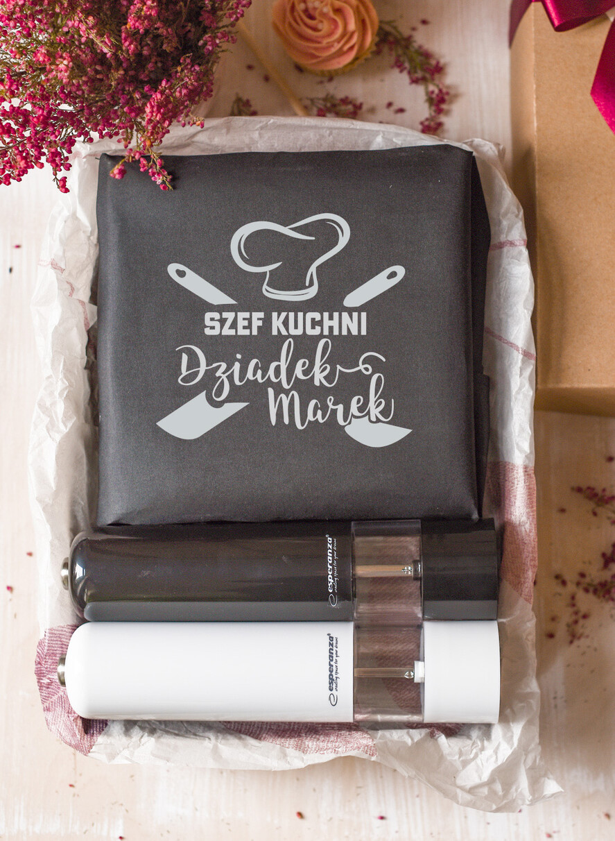 Prezenty dla Babci i Dziadka Prezenty dla Dziadka  prezent z okazji dnia Dziadka fartuch z dedykacją młynek do soli i pieprzu 1
