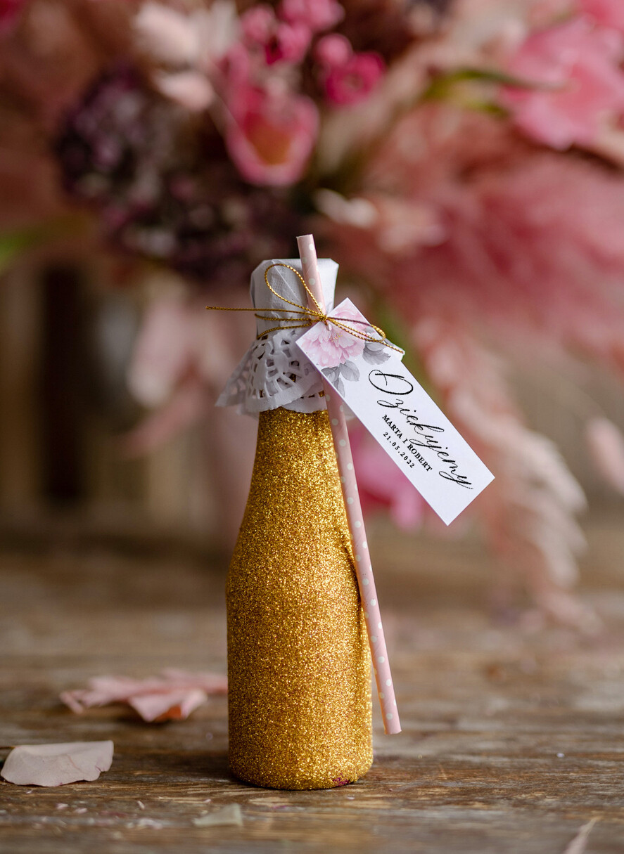 Podziękowania dla Gości Weselnych brokatowe butelki prezenty ślubne dla gości weselnych brokatowy bezalkoholowy szampan pomysł na prezent dla gości 0