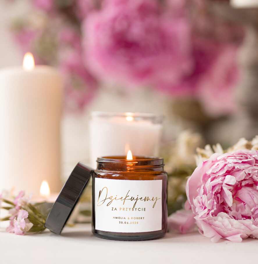 Podziękowania dla Gości Weselnych Mydełka Świece Zawieszki sojowe świeczka zapachowa z dedykacją dla gości weselnych, prezencik dla gości weselnych, pomysł na prezent dla gości, świece zapachowe w słoiczku 1