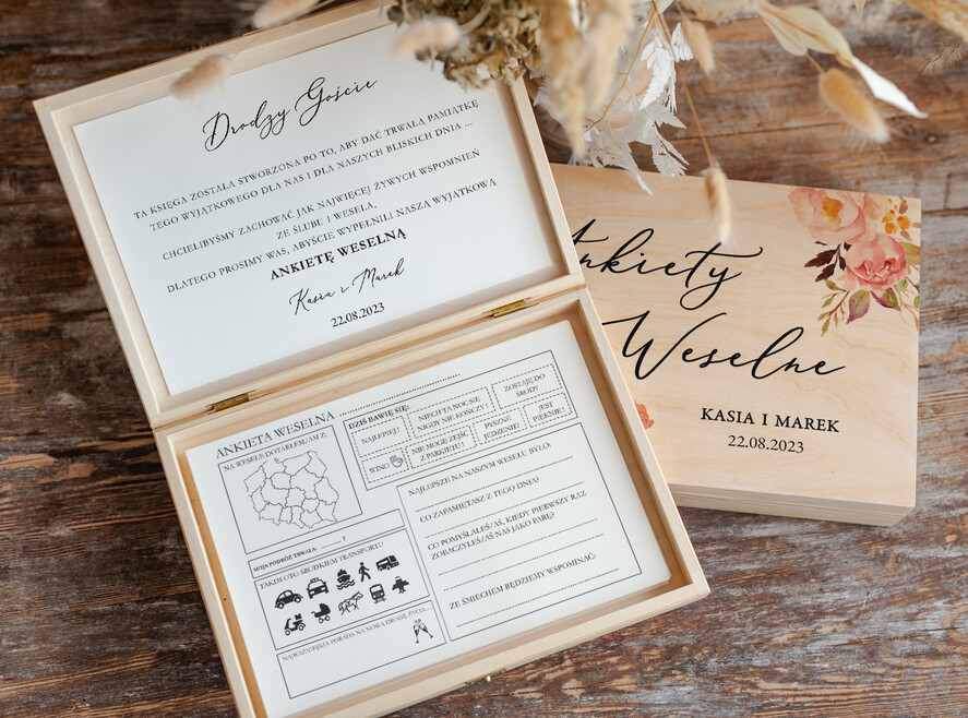 Ankiety weselne ankiety w pudełkach  ankieta weselna dla gości pamiątka ze ślubu, ankieta weselna zamknięta w drewnianym pudełku, pamiątka ze ślubu ankiety weselne, porady dla Pary Młodej od Gości2